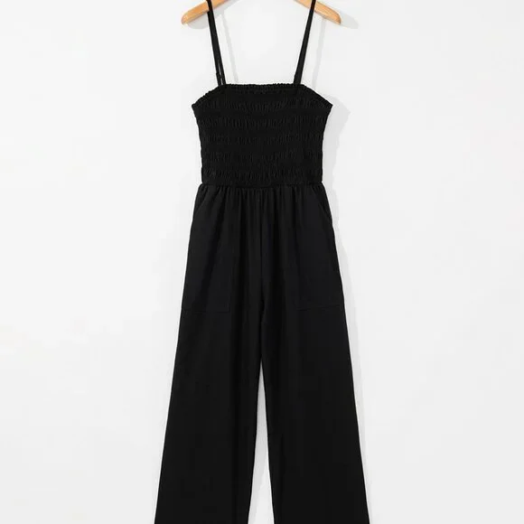 B249 Black Spaghetti Straps Shirred Bodice Pocketed Wide Leg Jumpsuit - Picture 7 of 16